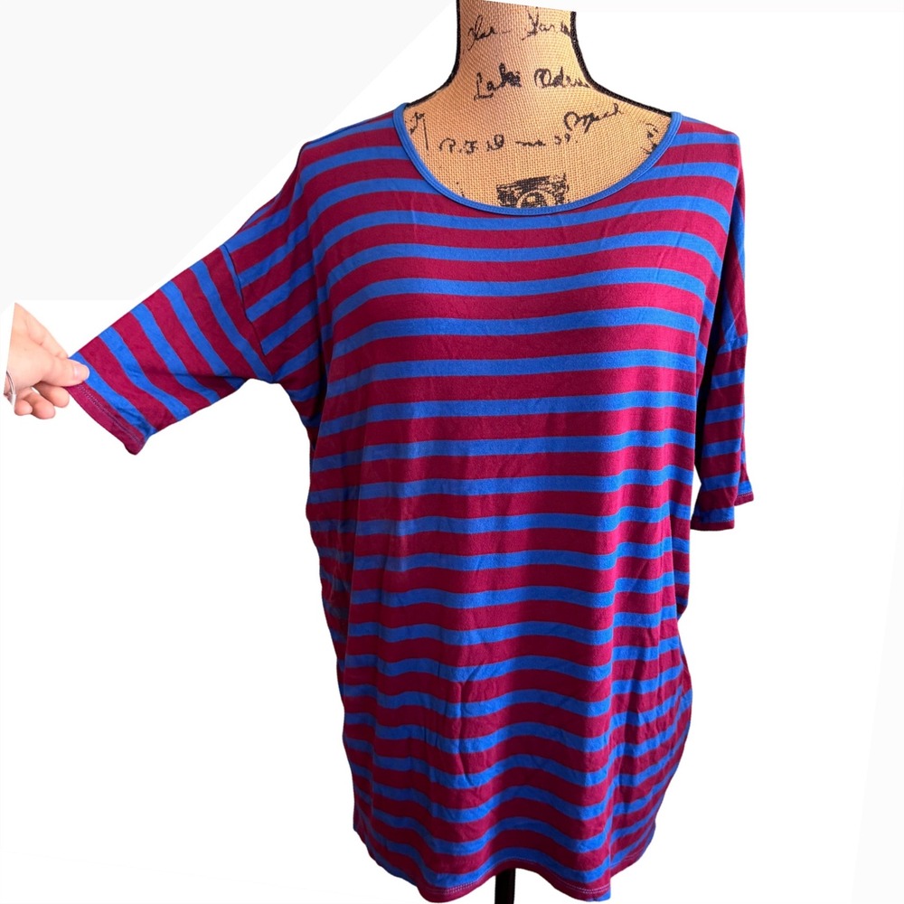 LuLaRoe Irma Tunic Top Small Blue Magenta Striped Oversized Scoop Neck Short Slv